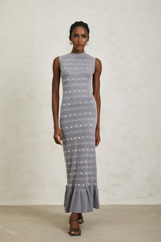 Angelina Grey Crochet Knit Maxi Dress with Stud Embellishments and Ruffled Hem