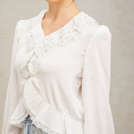 Angelina White Lace Trim Ruffled Hem Rhinestone Embellished Shirt