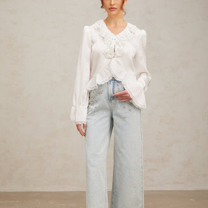 Angelina White Lace Trim Shirt with Rhinestone Embellishments