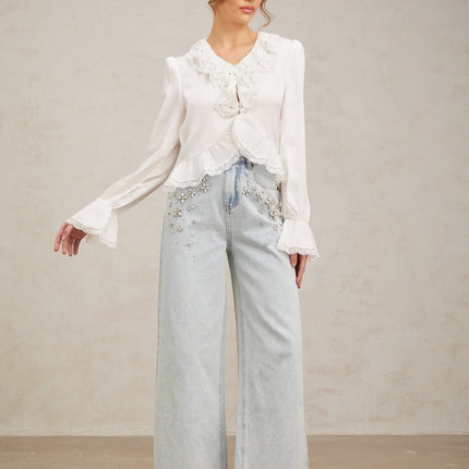 Angelina White Lace Trim Shirt with Rhinestone Embellishments