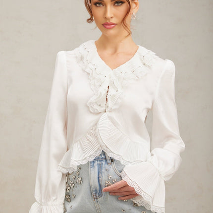 Angelina White Lace Trim Shirt with Rhinestone Embellishments