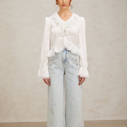 Angelina White Lace Trim Shirt with Rhinestone Embellishments