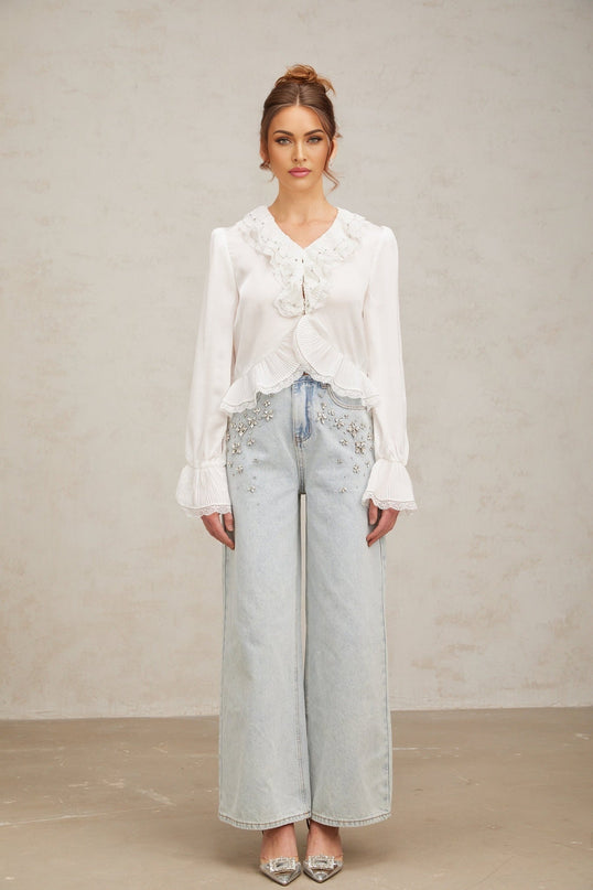 Angelina White Lace Trim Shirt with Rhinestone Embellishments