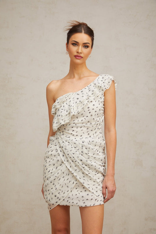 Angelina White Ruffled One-Shoulder Mini Dress
