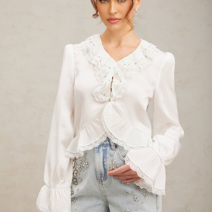 Angelina White Lace Trim Shirt with Rhinestone Embellishments