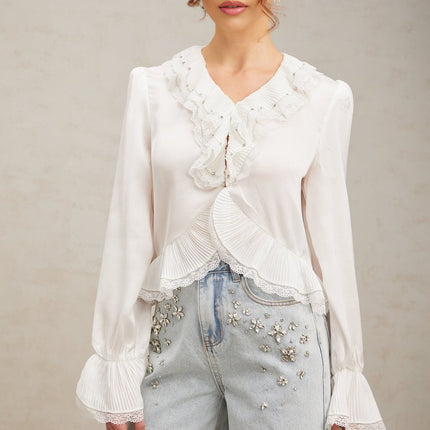 Angelina White Lace Trim Ruffled Hem Shirt with Rhinestone Embellishments