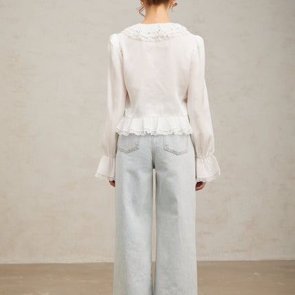 Angelina White Lace Trim Ruffled Hem Rhinestone Shirt