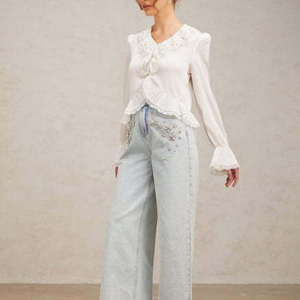 Angelina White Lace Trim Ruffled Hem Rhinestone Shirt