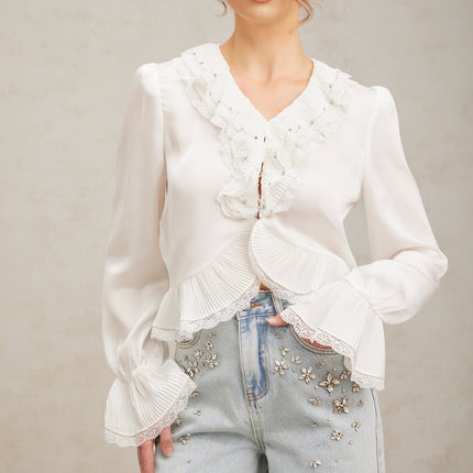 Angelina White Lace Trim Ruffled Hem Rhinestone Shirt