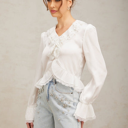 Angelina White Lace Trim Ruffled Hem Shirt with Rhinestone Embellishments