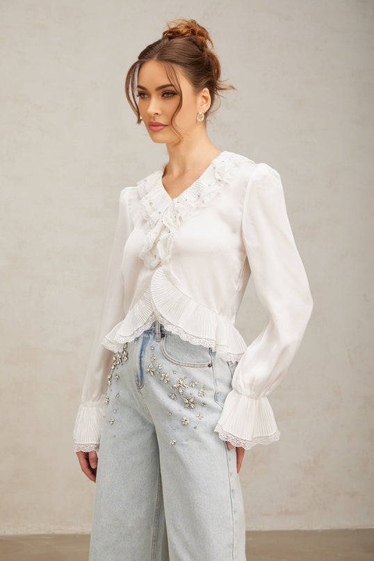 Angelina White Lace Trim Ruffled Hem Shirt with Rhinestone Embellishments