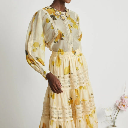 Angelina Yellow Midi Dress Blouse Skirt Set