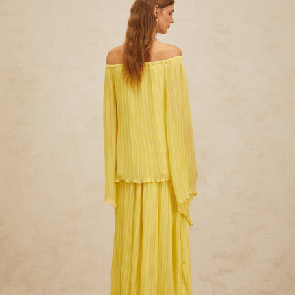 Angelina Yellow Pleated Blouse and Skirt Set