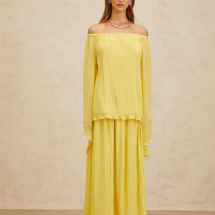 Angelina Yellow Pleated Blouse and Skirt Set