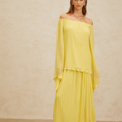 Angelina Yellow Pleated Blouse Skirt Set