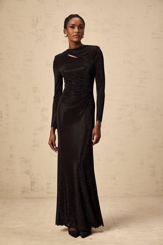 Angioletta Black Maxi Dress with Rhinestone Embellishments and Ruched Detailing
