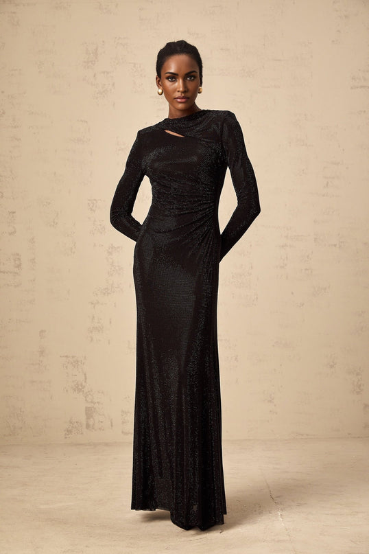 Angioletta Black Maxi Dress with Rhinestone Embellishments and Ruched Detailing