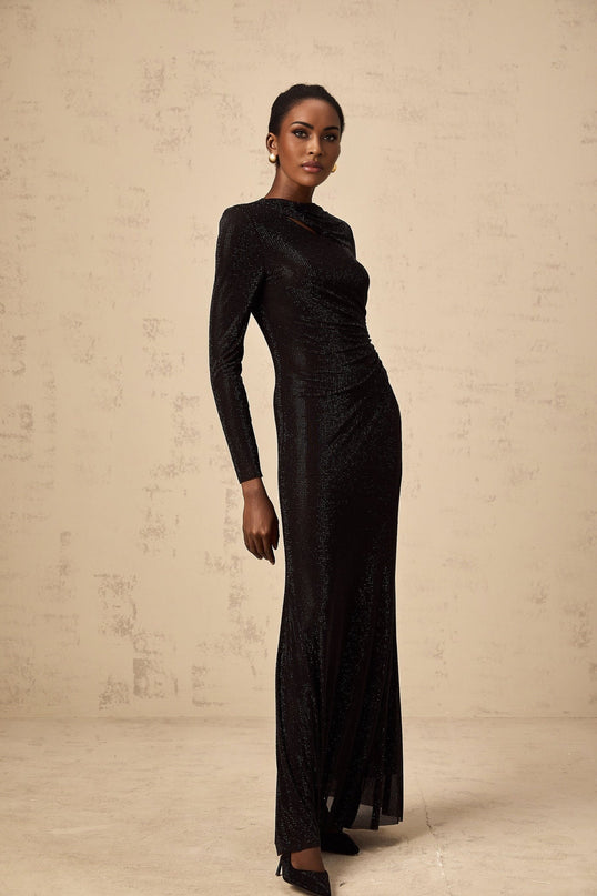 Angioletta Black Maxi Dress with Rhinestone Embellishments and Ruched Detailing