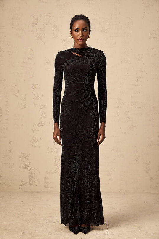 Angioletta Black Maxi Dress with Rhinestone Embellishments and Ruched Detailing