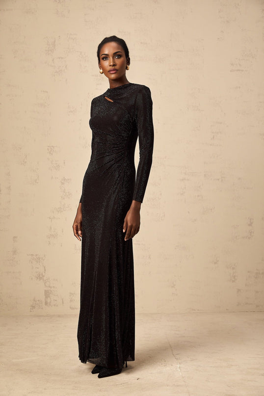 Angioletta Black Maxi Dress with Rhinestone Embellishments and Ruched Detailing