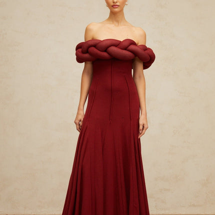 Angioletta Red Knit Braid Godet Pleats Maxi Dress