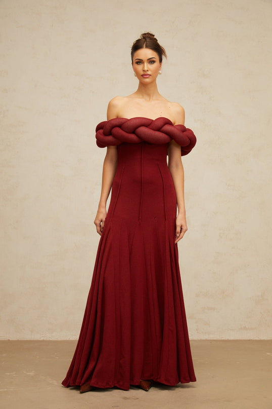 Angioletta Red Knit Braid Godet Pleats Maxi Dress