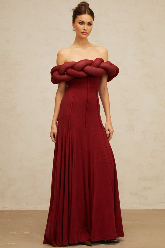 Angioletta Red Maxi Dress Knit Braid Godet Pleats Off-Shoulder Sleeveless Fitted Waistline Intricate Detailing Rear Zip Fastening 100% Terylene Fiber Composition