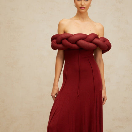 Angioletta Red Knit Braid Maxi Dress Godet Pleats Off-Shoulder Sleeveless Fitted Waistline Intricate Detailing Rear Zip Fastening Special Occasions Glamour Terylene Fiber