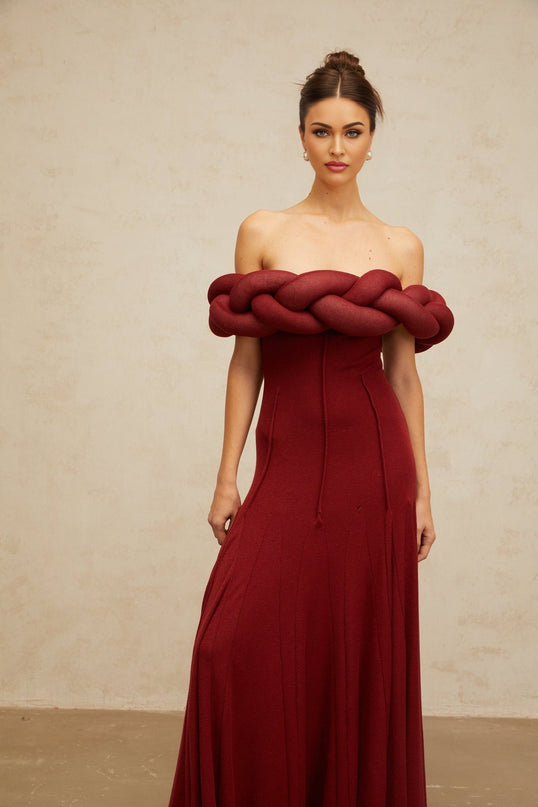 Angioletta Red Knit Braid Maxi Dress Godet Pleats Off-Shoulder Sleeveless Fitted Waistline Intricate Detailing Rear Zip Fastening Special Occasions Glamour Terylene Fiber