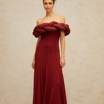 Angioletta Red Maxi Dress Knit Braid Godet Pleats Off-Shoulder Sleeveless Fitted Waistline Intricate Detailing Rear Zip Fastening 100 Terylene Fiber Composition