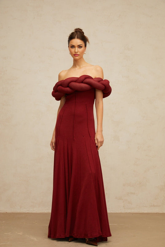 Angioletta Red Maxi Dress Knit Braid Godet Pleats Off-Shoulder Sleeveless Fitted Waistline Intricate Detailing Rear Zip Fastening 100 Terylene Fiber Composition