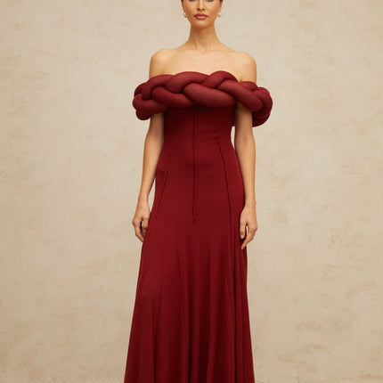 Angioletta Red Maxi Dress Knit Braid Godet Pleats Off-Shoulder Sleeveless Fitted Waistline Intricate Detailing Rear Zip Fastening 100% Terylene Fiber Composition