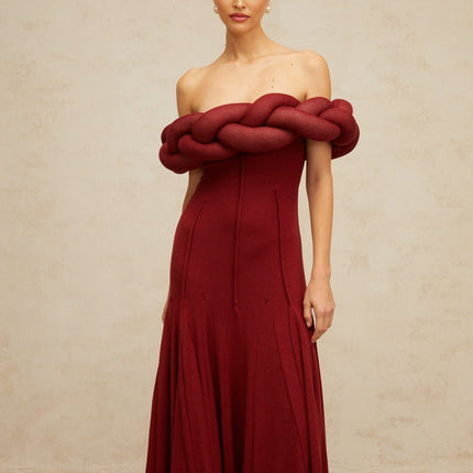 Angioletta Red Maxi Dress Knit Braid Godet Pleats Off-Shoulder Sleeveless Fitted Waistline Braid Detailing Rear Zip Fastening Special Occasions Terylene Fiber