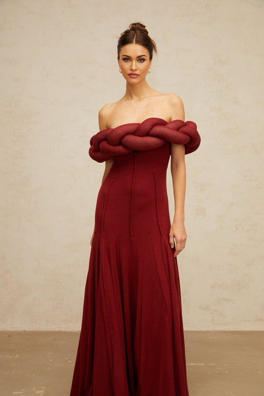 Angioletta Red Maxi Dress Knit Braid Godet Pleats Off-Shoulder Sleeveless Fitted Waistline Braid Detailing Rear Zip Fastening Special Occasions Terylene Fiber