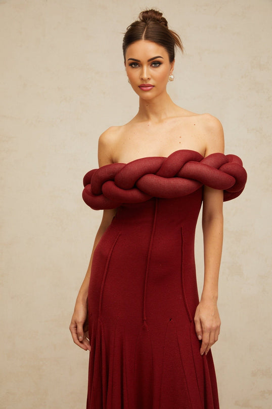 Angioletta Red Maxi Dress Knit Braid Godet Pleats Off-Shoulder Elegant Fitted Waistline Rear Zip Fastening Terylene Fiber Composition