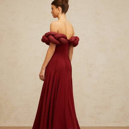 Angioletta Red Maxi Dress Knit Braid Godet Pleats Off-Shoulder Sleeveless Fitted Waistline Rear Zip Fastening Terylene Fiber Composition