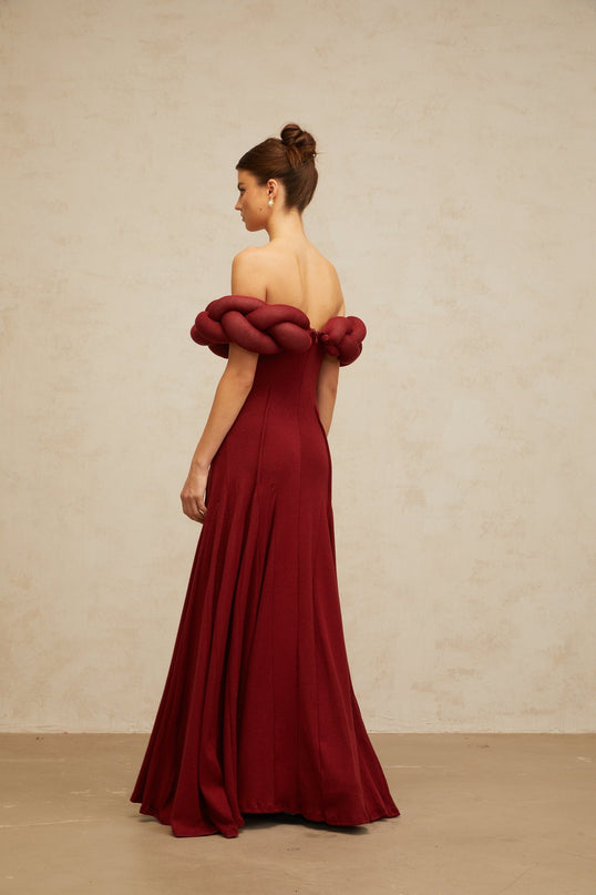 Angioletta Red Maxi Dress Knit Braid Godet Pleats Off-Shoulder Sleeveless Fitted Waistline Rear Zip Fastening Terylene Fiber Composition