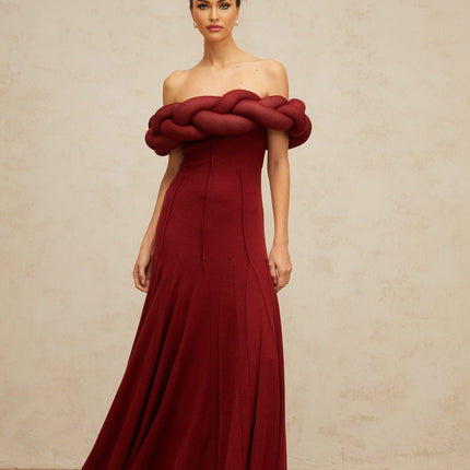 Angioletta Red Knit Braid Maxi Dress Godet Pleats Off-Shoulder Sleeveless Fitted Waistline Braid Detailing Rear Zip Fastening 100% Terylene Fiber Composition