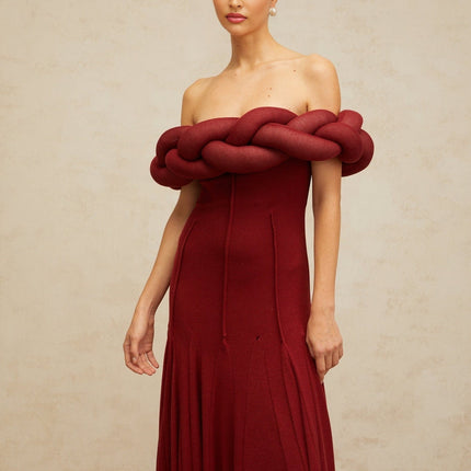 Angioletta Red Maxi Dress Knit Braid Godet Pleats Off-the-Shoulder Sleeveless Fitted Waistline Special Occasions Glamour Terylene Fiber
