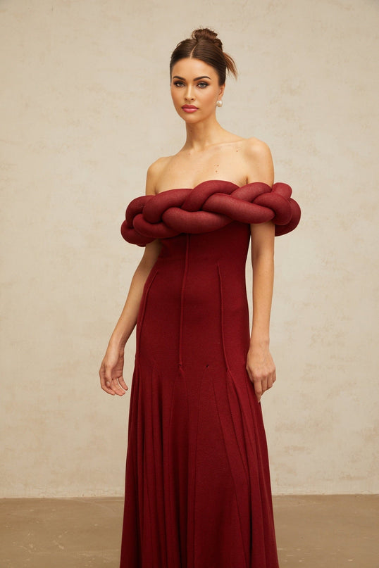 Angioletta Red Maxi Dress Knit Braid Godet Pleats Off-the-Shoulder Sleeveless Fitted Waistline Special Occasions Glamour Terylene Fiber