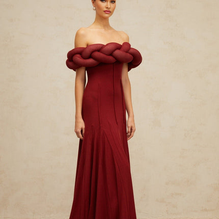 Angioletta Red Maxi Dress Knit Braid Godet Pleats Off-the-Shoulder Sleeveless Fitted Waistline Rear Zip Fastening Terylene Fiber Composition