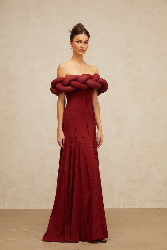 Angioletta Red Maxi Dress Knit Braid Godet Pleats Off-the-Shoulder Sleeveless Fitted Waistline Rear Zip Fastening Terylene Fiber Composition