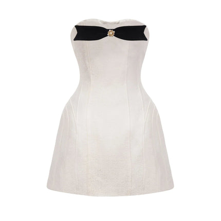 Angioletta White Black Off Shoulder Mini Dress with Bow Detail