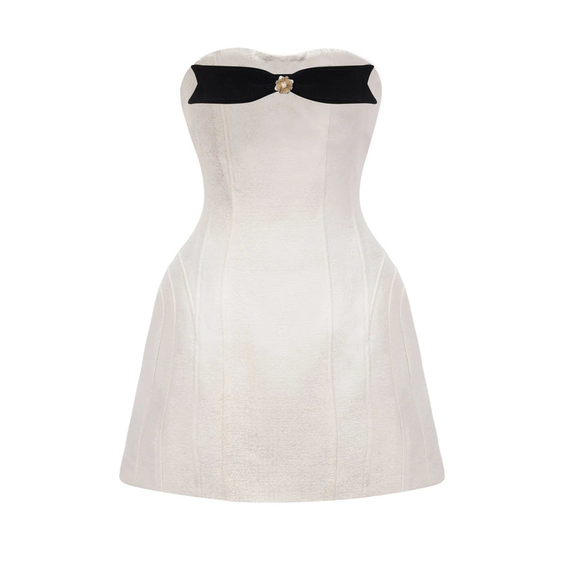 Angioletta White Black Off Shoulder Mini Dress with Bow Detail
