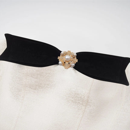 Angioletta White and Black Off-the-Shoulder Mini Dress with Bow Detail
