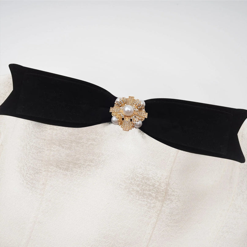 Angioletta White and Black Off-the-Shoulder Mini Dress with Bow Detail