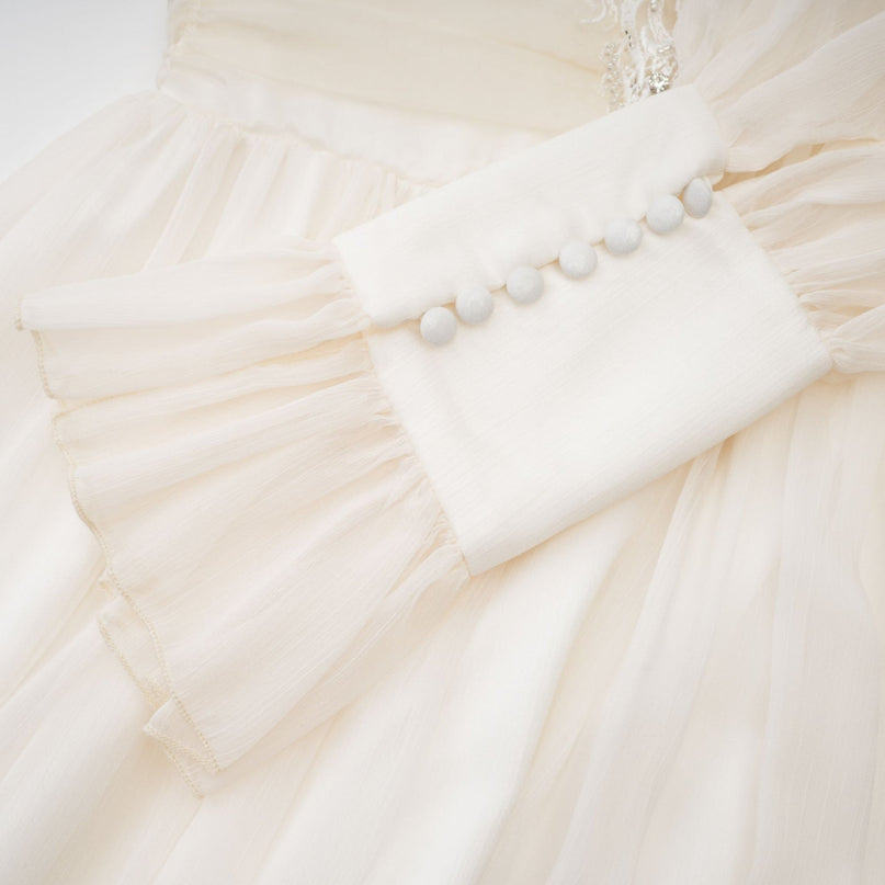 Angioletta White Lace Maxi Dress Embellished Faux Pearl Long Sleeves Pleated