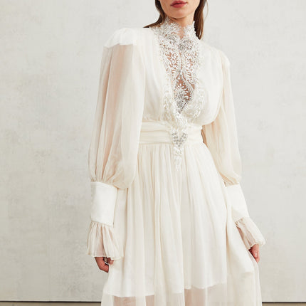 Angioletta White Lace Maxi Dress Embellished with Faux Pearls