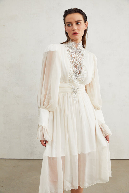 Angioletta White Lace Maxi Dress Embellished with Faux Pearls