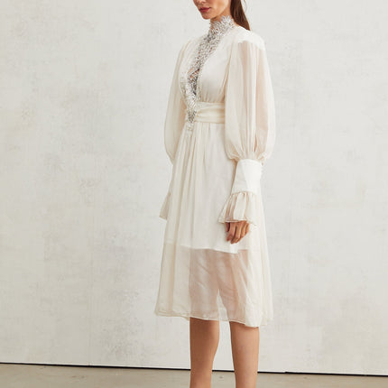 Angioletta White Lace Maxi Dress Embellished with Faux Pearls
